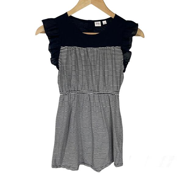 Girls L 10 GAP Kids Navy Blue White Ruffle Flutter Sleeve Stripe Summer Dress - Picture 2 of 5